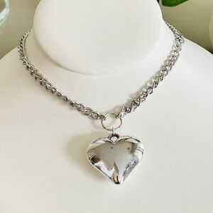 Large Puffy Heart Silver Stainless Steel Cuban Chain Statement Necklace.
